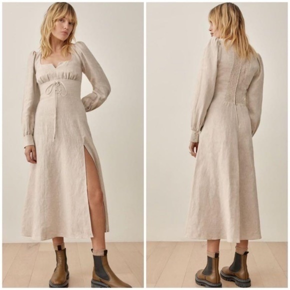 💋Reformation Anton linen oatmeal long sleeve midi maxi dress. Size 6 - Picture 2 of 12